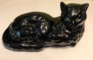 Vintage Large Ceramic Cat Black With Green Eyes 13 " L.  X 7 " H.