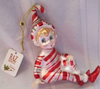 With Tags Raz Ornament Peppermint Elf Seated Knee Hugger Blonde