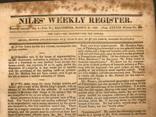 U.  S.  1830s Baltimore Niles Weekly Register Newspaper,  16 Pags,  9 " X 6.  5 "