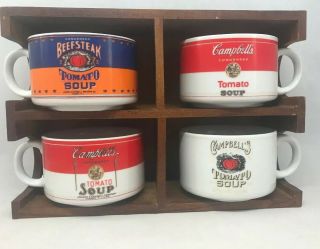 Campbell ' s Soup Historical Labels Collectors Set 1994 4 Mugs Wooden Holder 2