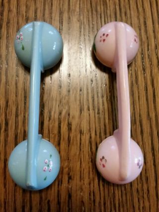 Vintage 2 Telephone Baby Rattle Toy Hard Plastic Painted Flowers Blue And Pink