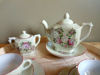 Vintage 15pc Childs Little Hostess Tea Set Japan.  Pale Green / Pink Flowers.