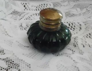 Vintage Heavy Green Glass Round Ink Well With Brass Lid