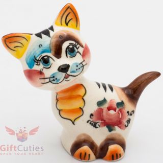 Playful Cat Kitty Gav Collectible Gzhel Style Porcelain Figurine Hand - Painted