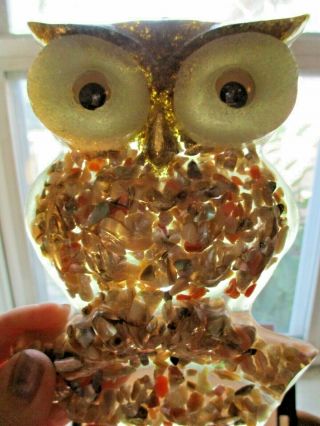 Vintage Resin Lucite Hoot Owl Wall Hanger Embedded Stones Big Eyes