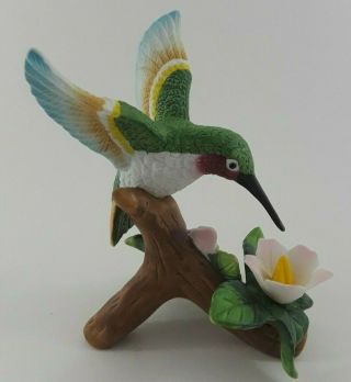 Lovely Hummingbird Figurine Feeding On Flower Ceramic