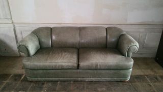 Vintage Green Leather Sofa/couch - Soft Cushions - Good Shape