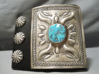Huge Vintage Navajo Repoussed Sterling Silver Turquoise Ketoh Bracelet Old