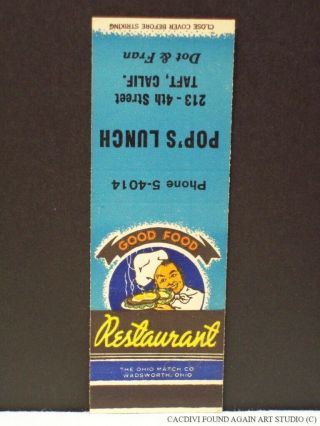 Vintage Pop ' s Lunch Taft California Matchbook Cover Restaurant CA Chef 1949 2
