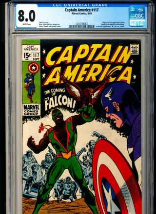 Captain America 117 Cgc 8.  0 Origin 1st App.  Falcon 1969 Marvel White Pages