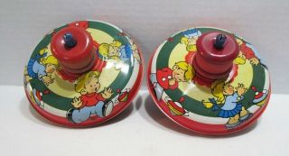 Pair Vintage Tin Litho Spinning Toy Tops W/ Wooden Winders Launchers Made In Usa