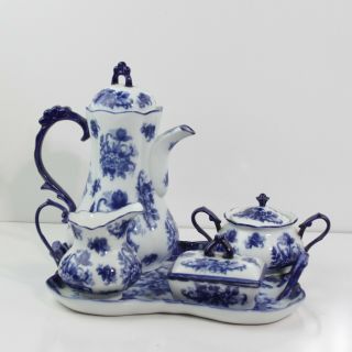 Lovely Cracker Barrel Cobalt Blue Floral Design Ceramic 5 Piece Coffee / Tea Set