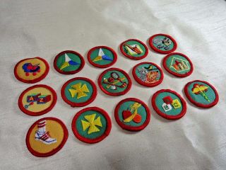 15 Vintage Girl Scout Round Progressive Proficiency Badges,  Red Border 1 - 1/2 "
