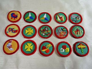 15 Vintage Girl Scout Round Progressive Proficiency Badges,  Red Border 1 - 1/2 