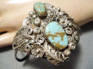 Detailed Intricate Vintage Navajo Royston Turquoise Sterling Silver Bracelet