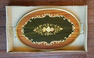 Exc.  Oval Wood Marquetry Inlaid Wood Serving Tray W/ Brass Trim & Handles Italy