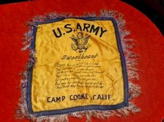 Vintage Ww2 Military U.  S.  Army Camp Cooke Ca Souvenir Pillow Cover