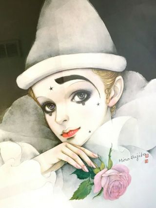 Mira Fujita Signed Stamped Sad Pierrot Clown Big Eyes Print 26.  5 X 37.  5 Germany