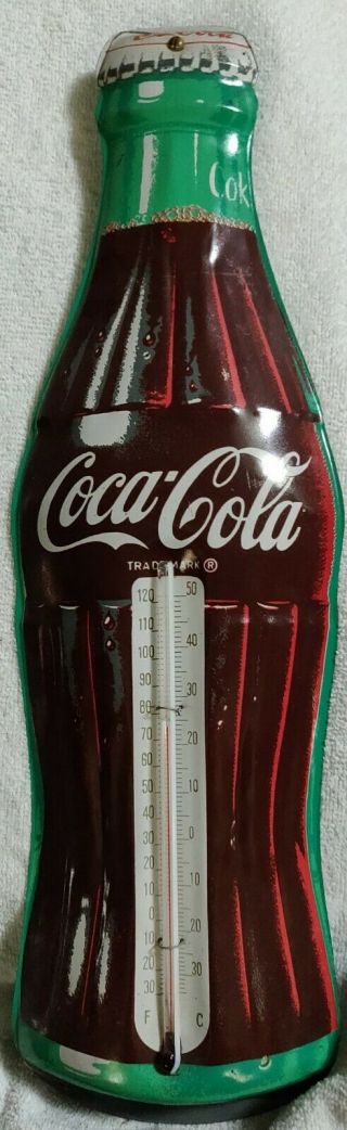 Vintage Coca Cola Thermometer Metal Bottle Shaped Sign 16 1/2 "