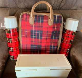 Vintage Thermos Brand Picnic Set With 2 Bottles And Sandwich Container Red Plaid