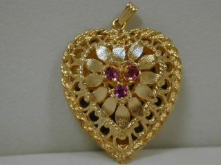 Vintage Gorgeous Solid 14k Yellow Gold Large Heavy Ruby Heart Charm Pendant