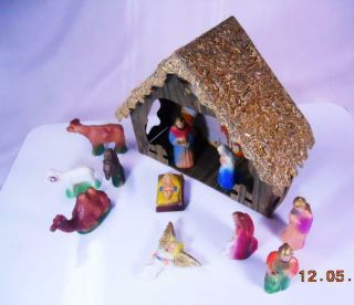 Vtg 11 Pc.  Hard Plastic Nativity Set W/ Cardboard Creche