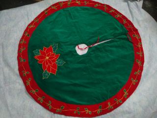 Vtg Christmas Tree Skirt,  46 " Red /green Velvet,  Poinsettia Applique,  Lined