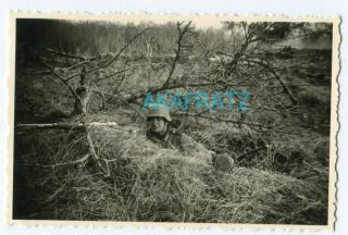 German Ww2 Photo,  Soldier Camouflaged Foxhole Position,  Kar 98k,  Gas Mask
