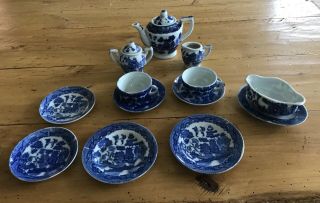 Vintage Occupied Japan Blue Willow Doll Tea Set Transfer Ware Dishes Teapot