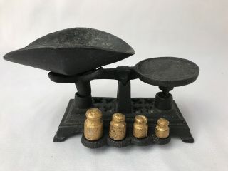 Vintage Miniature Black Cast Iron Scale With Weights Made In Taiwan 3.  25 " H X 6 " L