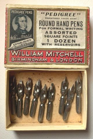 Vintage William Mitchell Pedigree Round Hand Dip Pen Nibs,  9 Nibs,  Box