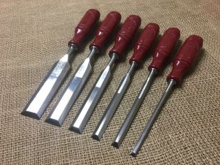 Vintage Boxed Set Of 6 E A Berg Red Handle Chisels Razor Sharp