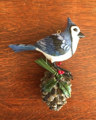 Blue Jay On Pine Cone Ornament - 5”