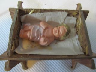 Old Vintage Nativity Chalk Baby Jesus With Cardboard Manger