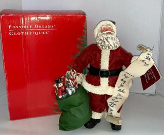11” Clothtique Possible Dreams Santa With Bag Of Toys And Holding His List