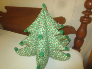 Large 6 - Sided Green & Red Print & Pompom Stuffed Cotton Christmas Tree - - 15 " Tall