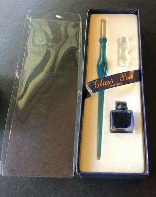 8 " Glass Dip Pen Set With Ink Bottle & Stand,  Handmade