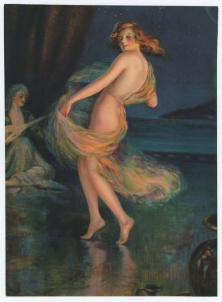 F.  R.  Harper 1920s Risque Pin - Up Print Erotic Dancing Harem Jazz Age Lute Fine,