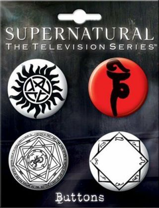 Supernatural Tv Series Runes Carded Set Of 4 Round Buttons Set 2,