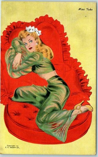 1940s Pin - Up Girl Postcard Blond Girl On Big Red Pillow " Miss Take " Kropp Linen