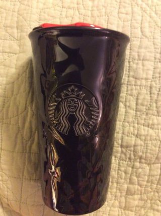 Starbucks 2015 Black Quilted Ceramic Tumbler Travel Mug 10 Oz Red Lid Htf Euc