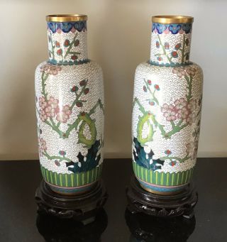 Unusual Shape.  Pair 8 " Tall Cloisonne Vases With Stands