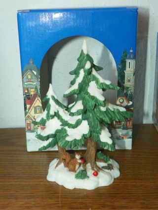 Christmas Heartland Valley Village Snow Covered Pine Trees & Squirrel Figurine