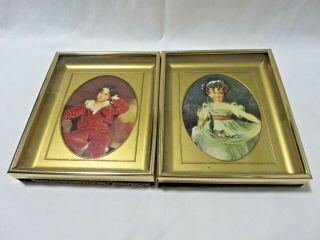 2 Vintage Small Brass Color Metal Shadow Box Photo Picture Frames With Prints