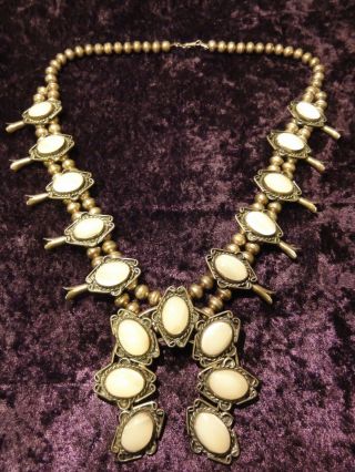 Vintage Native American Squash Blossom Necklace,  Silver Mother Of Pearl,  5.  75 Oz