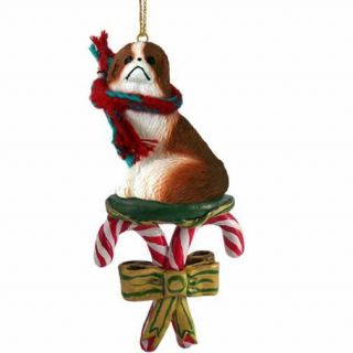 Japanese Chin Red Brown White Dog Candy Cane Christmas Tree Ornament