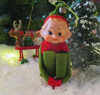 Early Japan Pixie Elf " Jingle " Green Felt Vintage Santa 