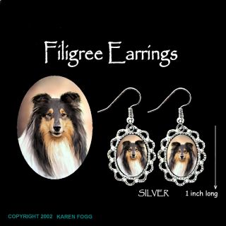 Collie Dog Rough Coat Tri Color - Silver Filigree Earrings Jewelry