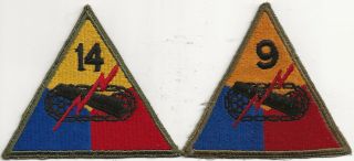 E/r/orig Wwii " (2) Green Backed Amd Patches,  14 & 9 Amd Div " Patch - Both F/emb