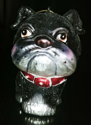 Black English Bulldog Dog Christmas Tree Ornament Glass Hand Painted